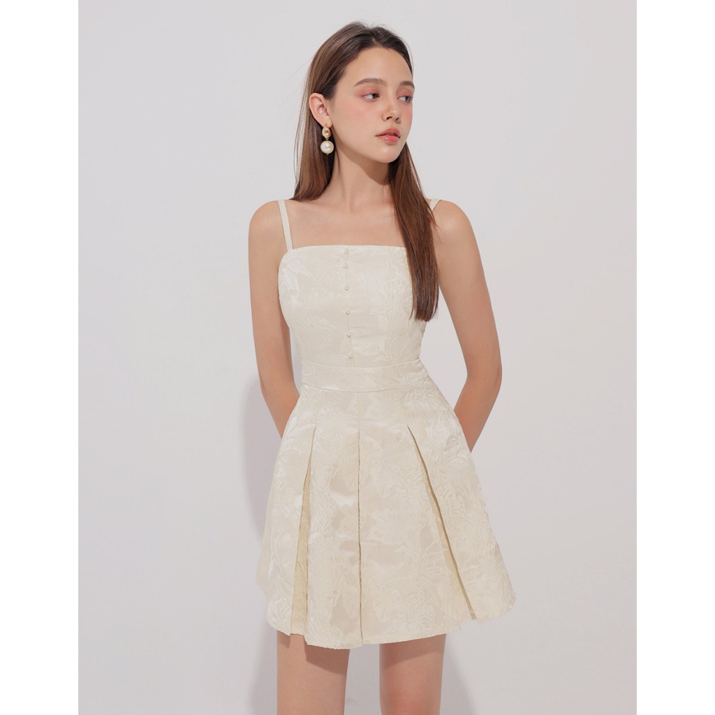 Qipao ชุดดอกไม้ Jacquard จีบ Cheongsam Qipao Cami Mini ชุดปุ่มมุกรายละเอียด