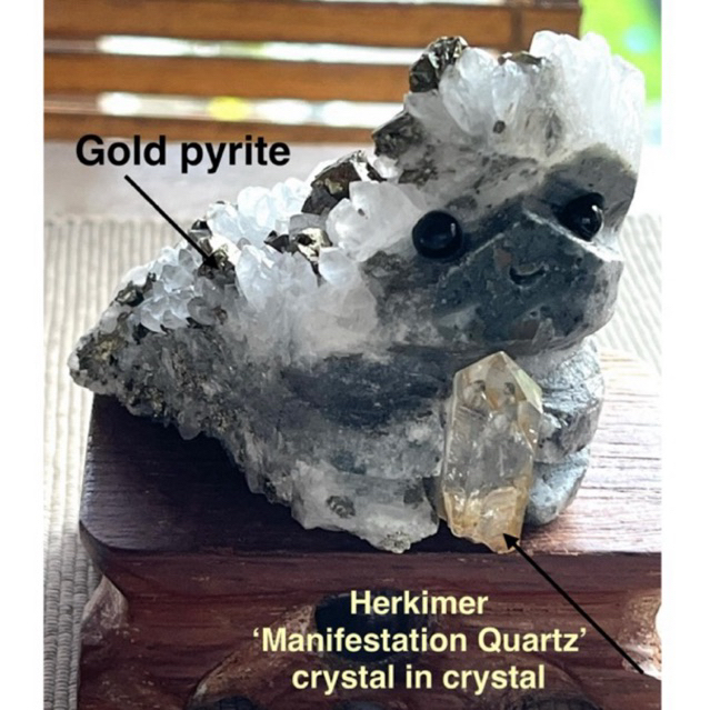 ธรรมชาติ Custom-Made White Crystal Groot Hedgehog พร้อม Gold Pyrite & Herkimer คริสตัล-in-Crystal Qu