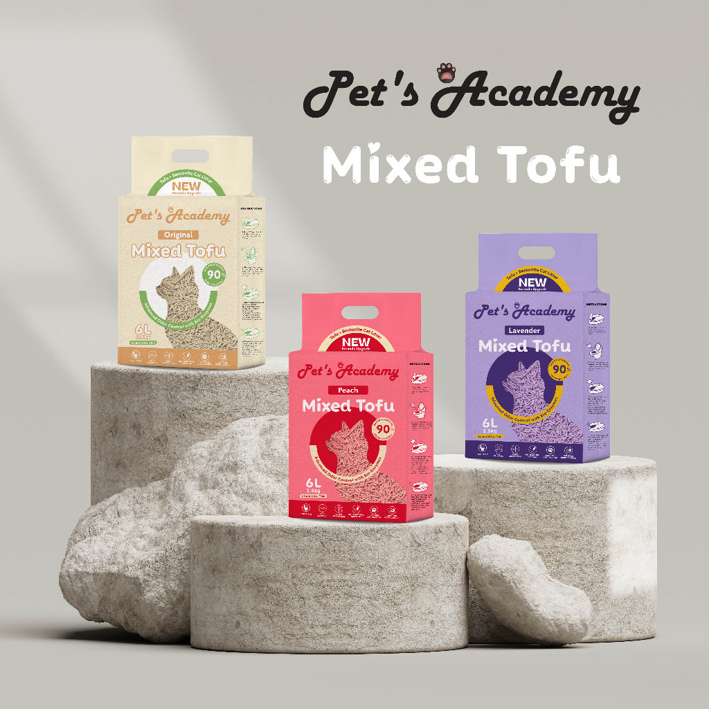 PETS ACADEMY ทรายแมวเต้าหู้ผสม 2.5กก. 6L 1.5มม., ควบคุมกลิ่น, ฟลัชชิ่ง, ฝุ่นต่ํา, ปาเซอร์คูริ่ง, ห้อ