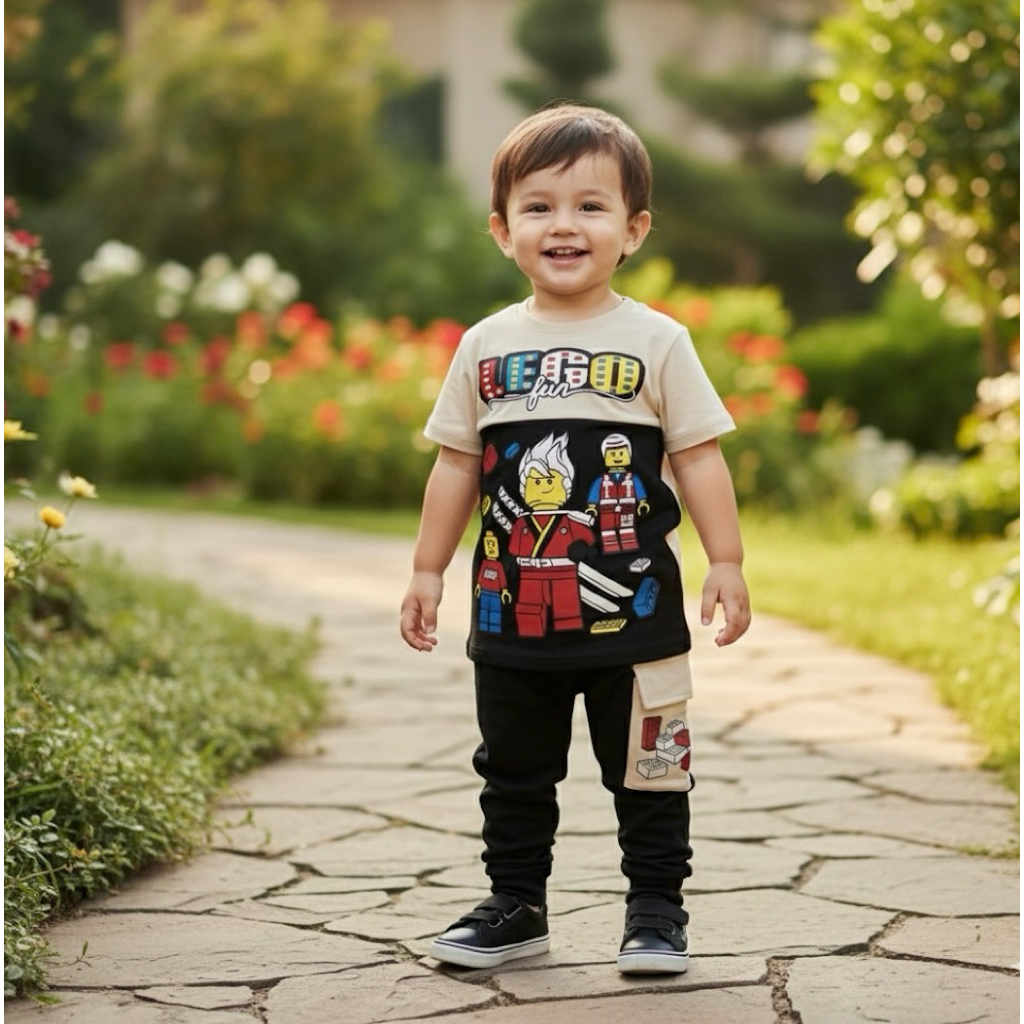 ชุดพรีเมี่ยม Children-Kanak Building Brick Fun / Baju Budak Lelaki Cotton Lembut Selesa 1Y–6Y