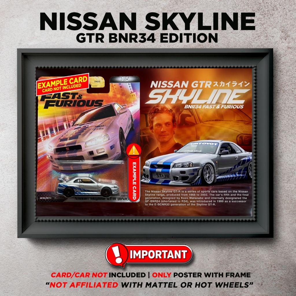 Gambar Frame Diecast Hotwheels Nissan Skyline GTR BNR34 Berserta โปสเตอร์