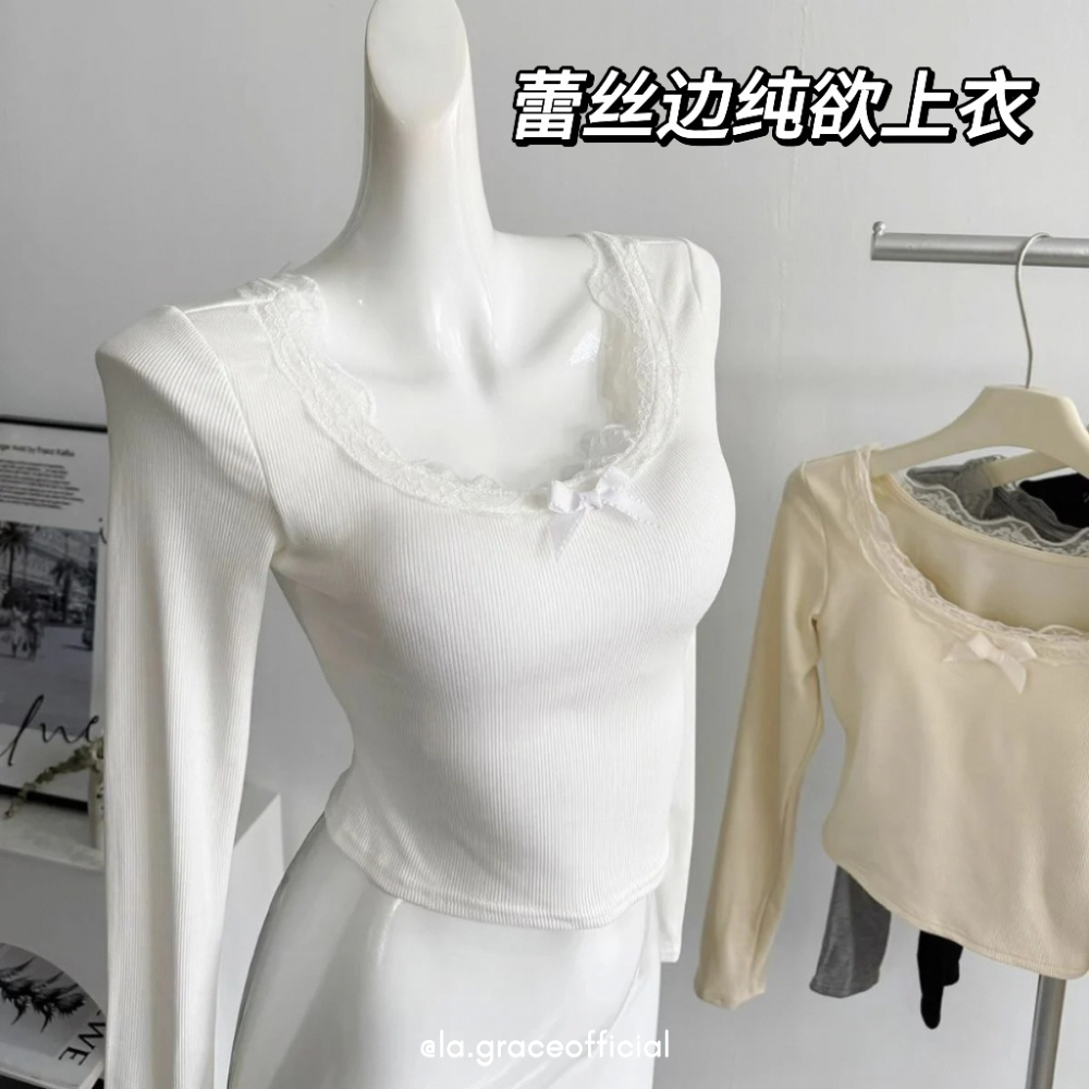 LA.GRACE OFFICIALเกาหลี Lace Trim แขนยาวด้านบน/เซ็กซี่ Ribbed Tight Fit เสื้อ/Pure Desire Aesthetic 