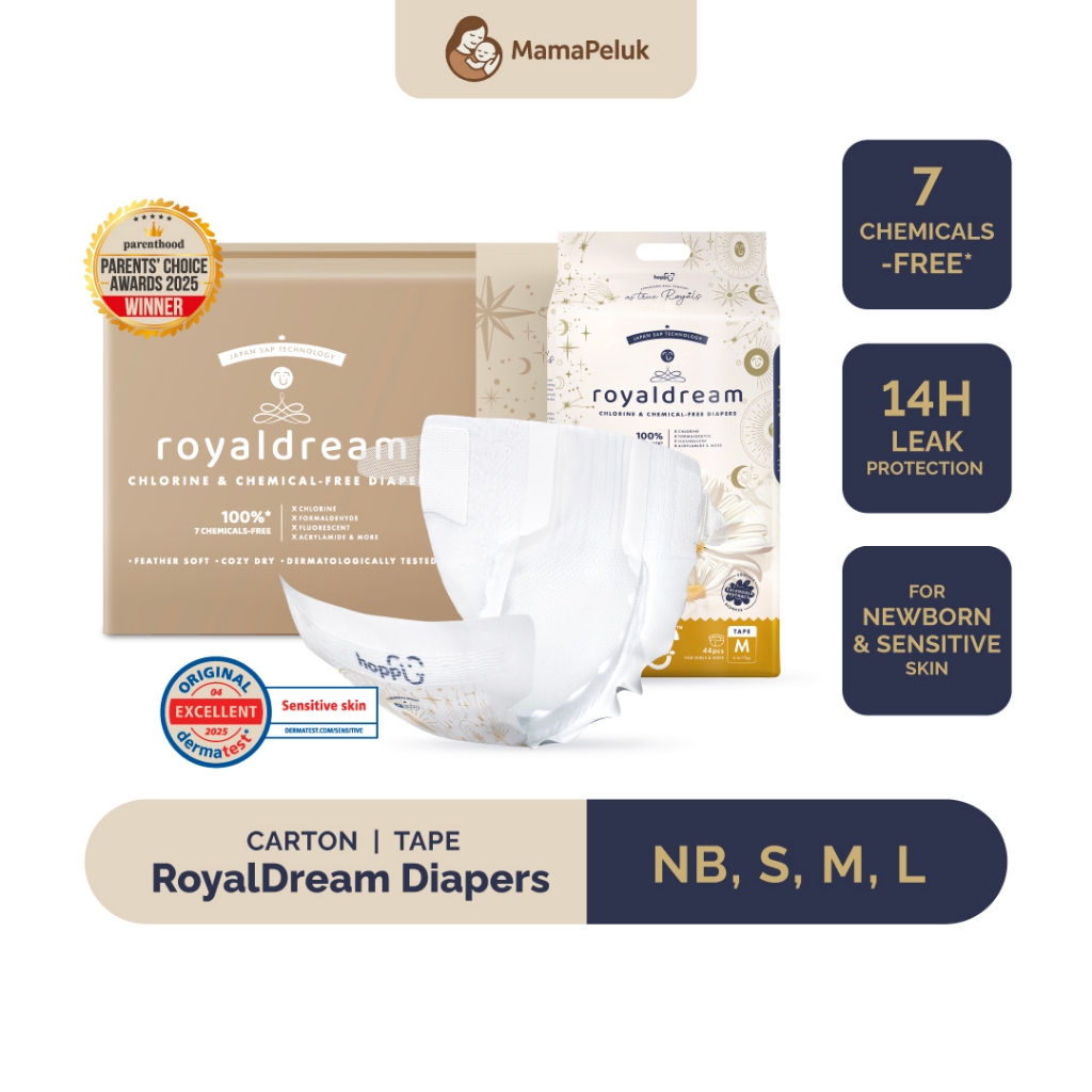 [CARTON DEAL] Hoppi RoyalDream เทปผ้าอ้อมเด็ก NB66/S56/M44/L40 (4 แพ็ค) 100% 7 สารเคมี-ฟรี*