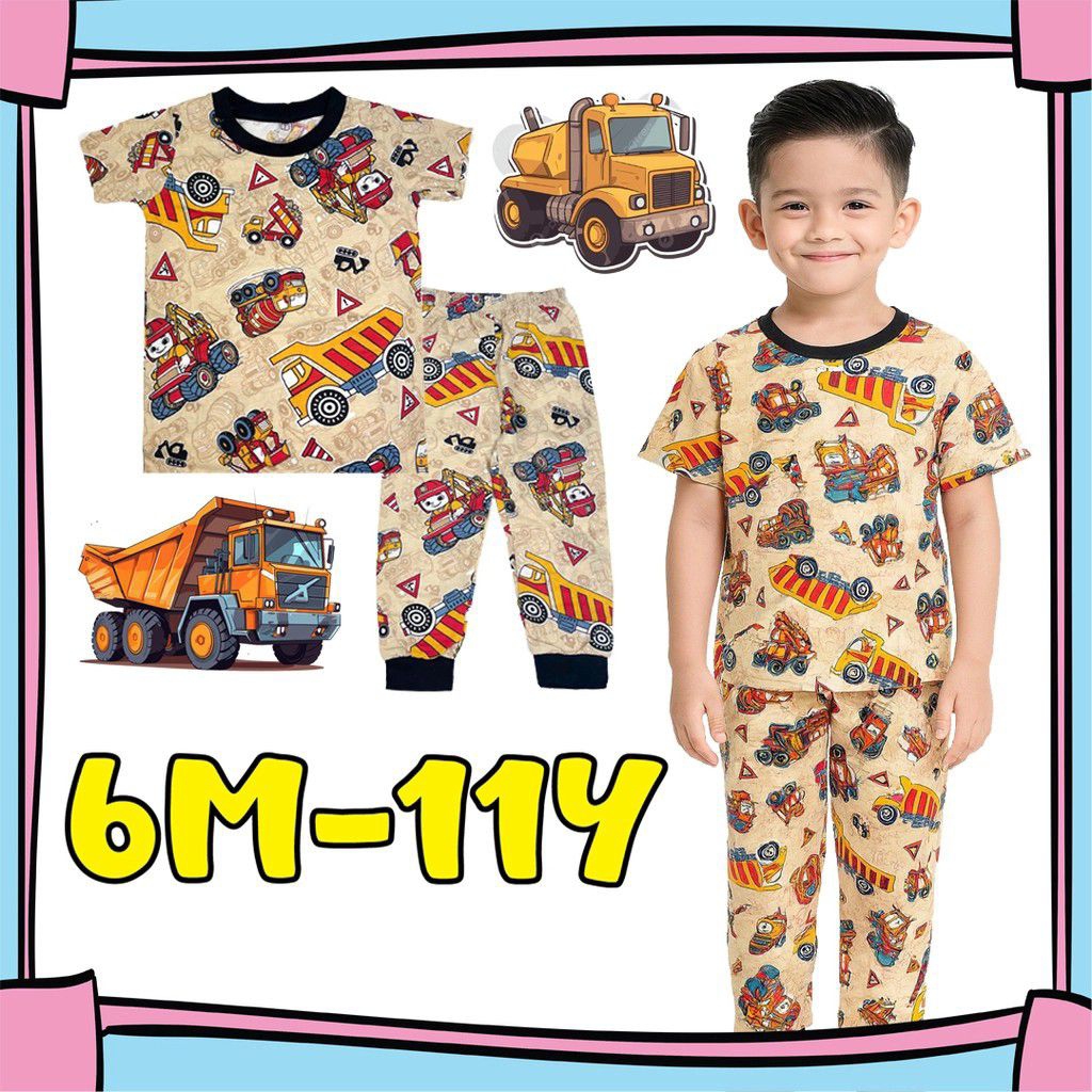 BAJU TIDUR SLEEPWEAR PIJAMA (6M-11Y) สีน้ําตาล CONSTRUCTION VEHICLE Sedon Cotton Kids Pajamaian Buda