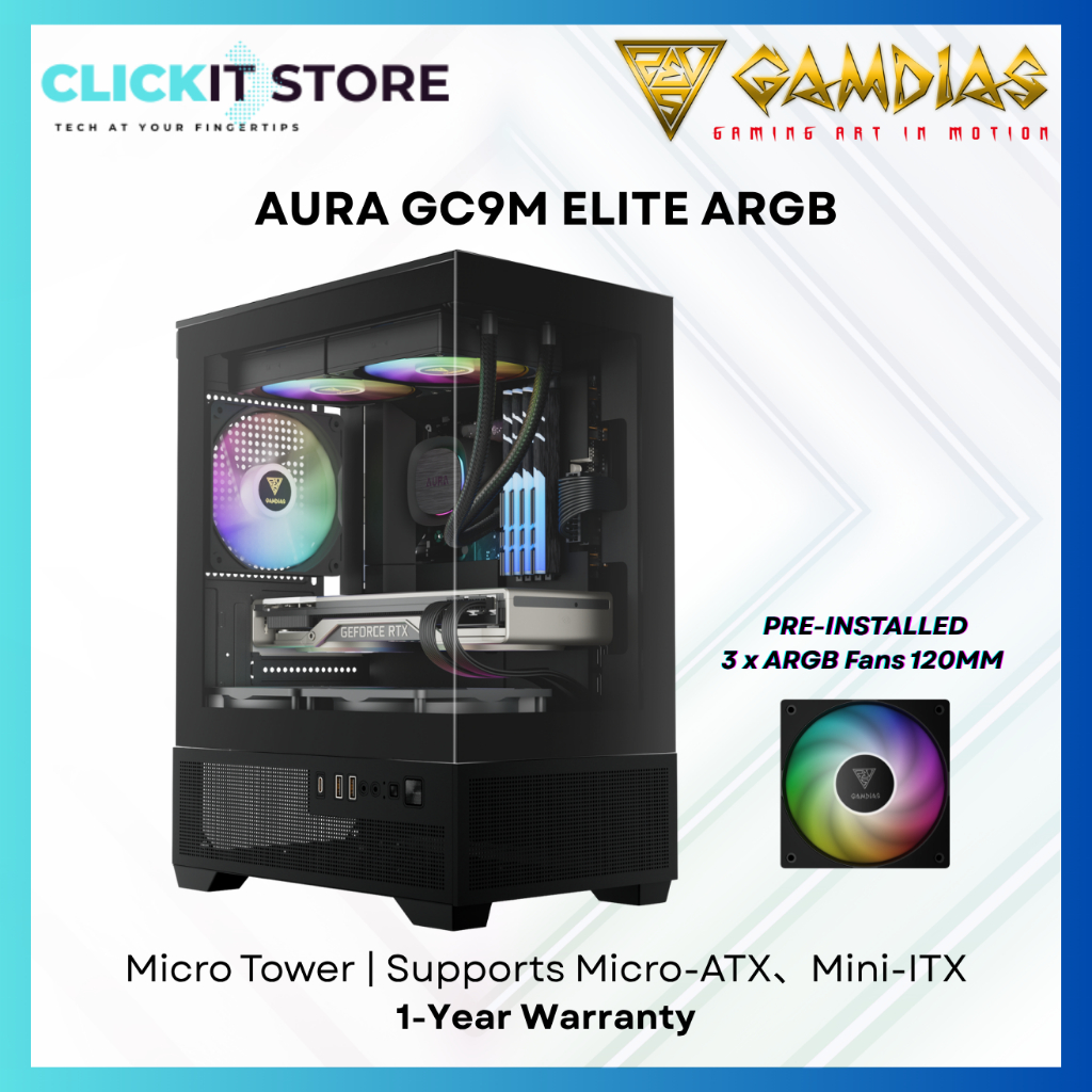 GAMDIAS AURA GC9M ELITE ARGB Micro Tower PC Case สีดํา - พัดลม ARGB / รองรับ MB Micro-ATXMini-ITX