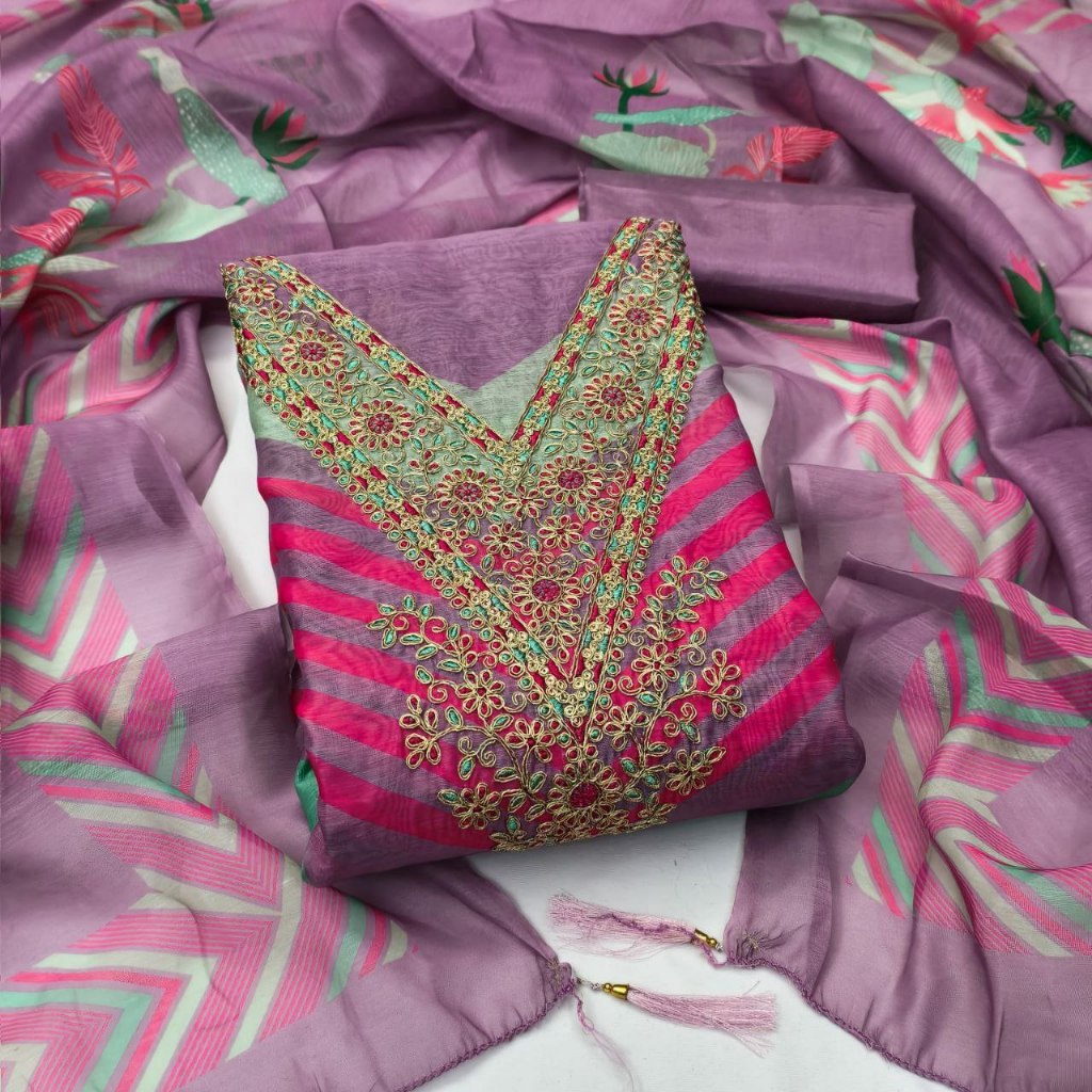 Unstitched Punjabi Suit Material Chanderi Print With Sequence Work Kain Jahit Punjabi Suit Salwar Ka