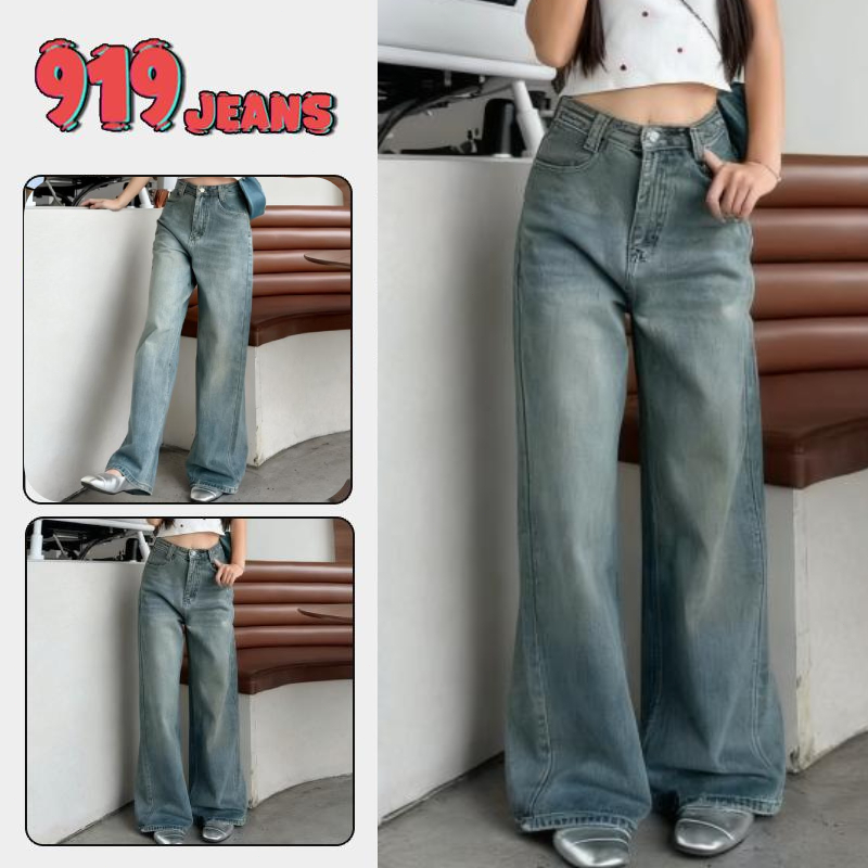 919JEANS กางเกงยีนส์สีสนิม Basic กระบอก Lesson กางเกงแฟชั่นเรียบง่ายสําหรับความสะดวกสบายและสไตล์