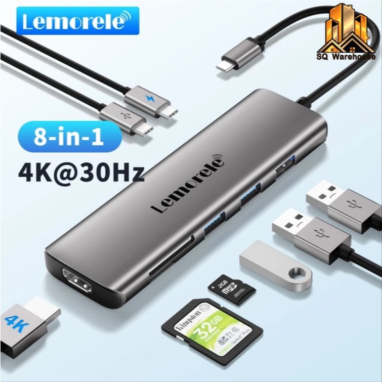 TC38 Lemorele 8 In 1 USB-C Hub Adapter Ultra-Thin Aluminium Shell 4K HDMI 3x USB-A PD SD/TF (100W)