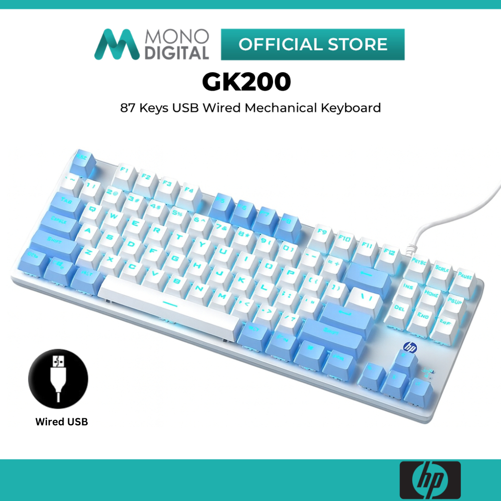 HP GK200 คีย์บอร์ดเกมกล 87 คีย์ TKL Blue Switch แผงโลหะ 6/N Anti-Ghosting LED Backlit สําหรับเล่นเกม