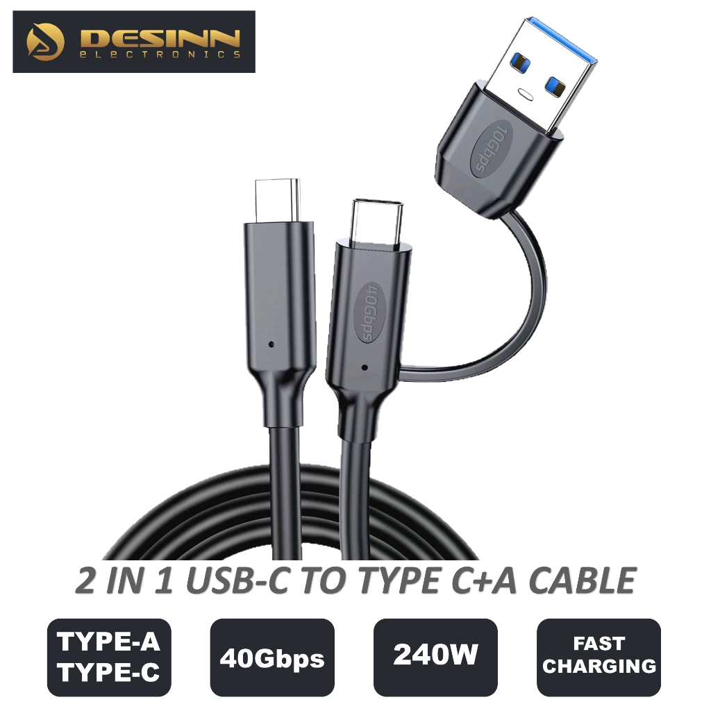 สาย USB C USB4 40Gbps Multi-Function 2-in-1 USB-A 10Gbps ถึง USB-C 8K60Hz PD 240W 5A Fast Charging T