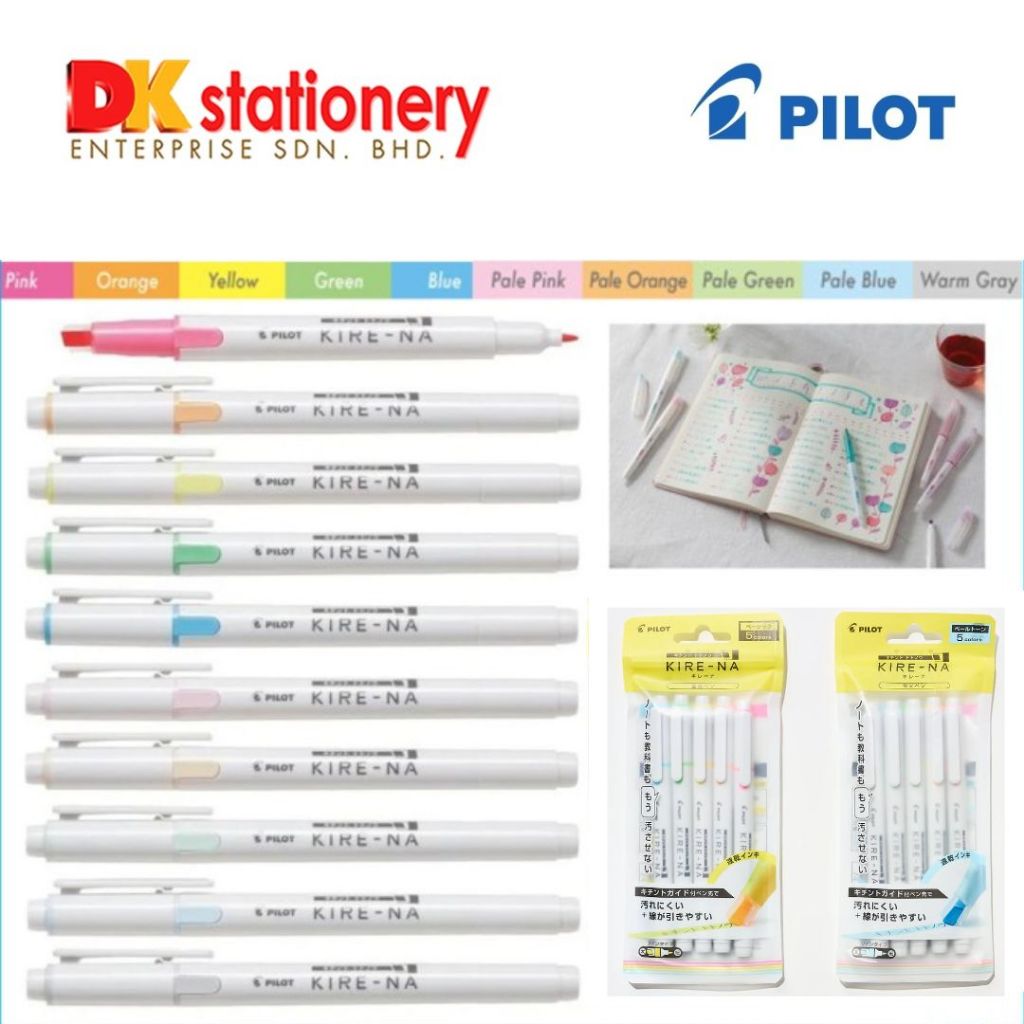 Pilot Kire-Na Highlighter Clean Line Mildliner Style Pale Pastel & Normal Bright Colours