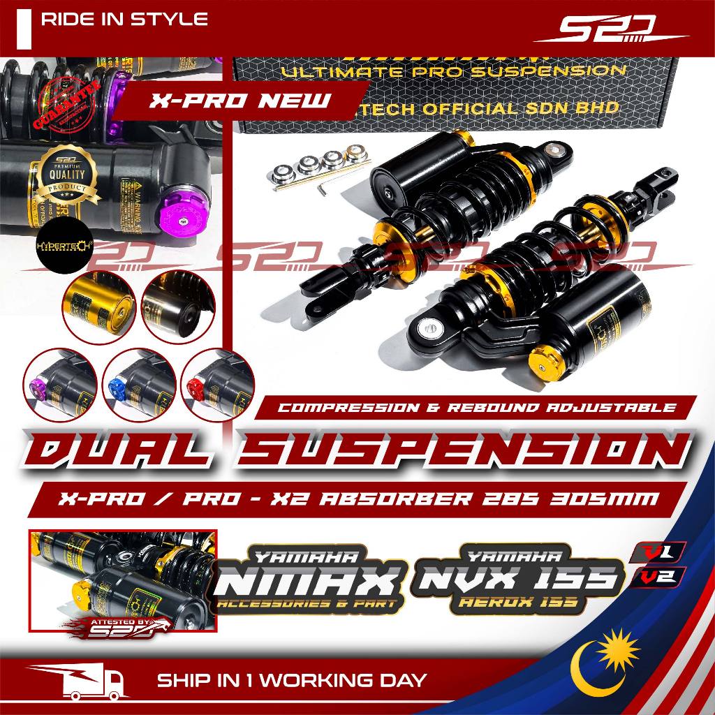 Dual Suspension Pro X2 HYPERTECH NVX NMAX AX200 Nova160 AEROX โช้คอัพ 285 มม.305 มม.ปรับฤดูใบไม้ผลิ 