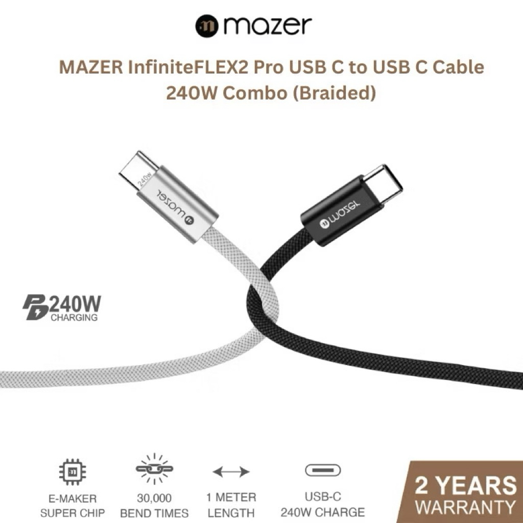 MAZER InfiniteFLEX2 Pro สาย USB C to USB C 240W 1.0M 3.2FT สีดํา (M-FLEX2-C1M-BK)