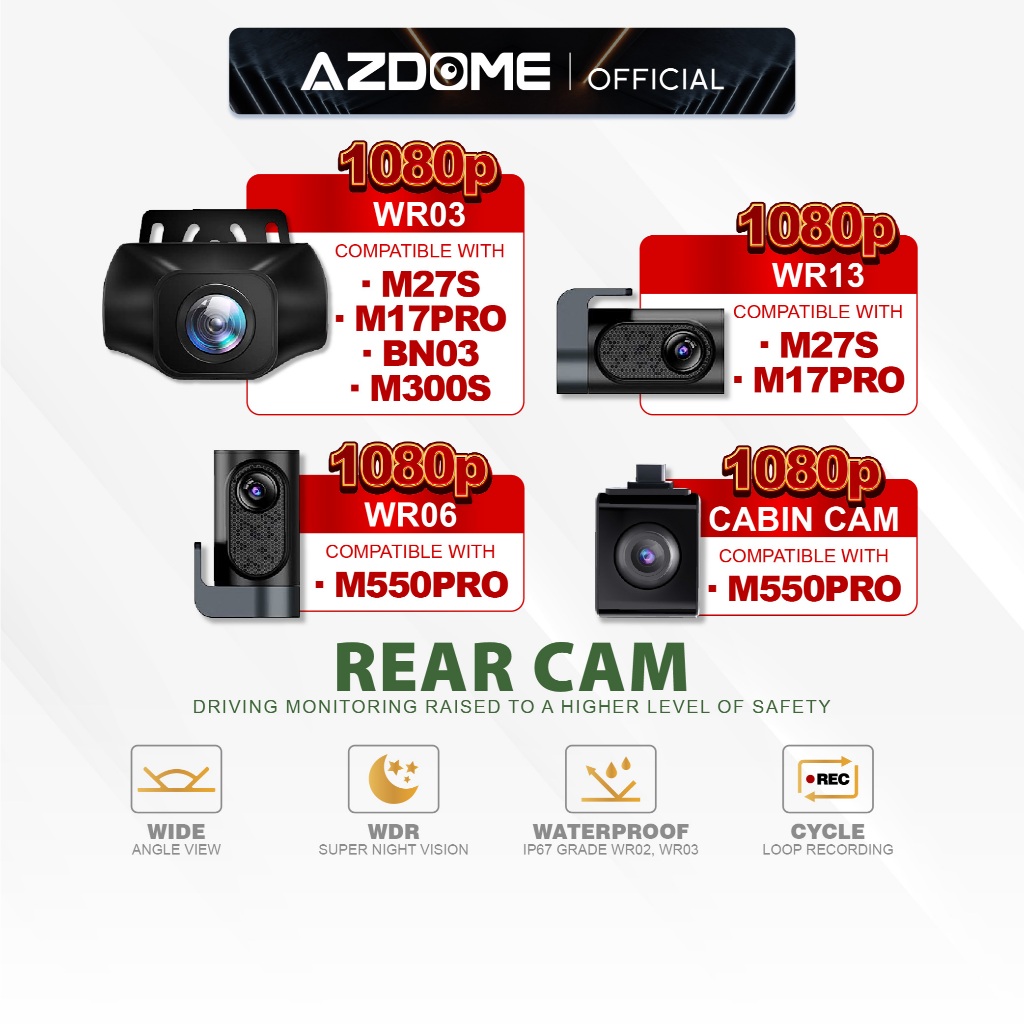 AZDOME กล้องด้านหลังสําหรับ M17PRO/M01PRO/BN03/M63 Lite/M550PRO Dash Cam WR02 WR03 WR05 WR06