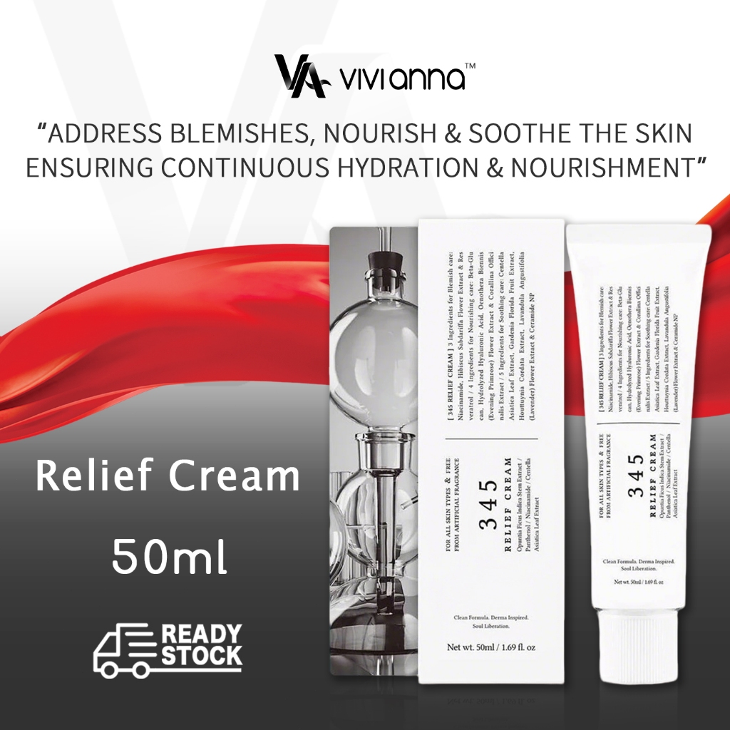 Korea 345 Relief Cream 50ml, KBeauty Daily Face Moisturizer, Blemish Soothing Niacinamide, Vegan Ski