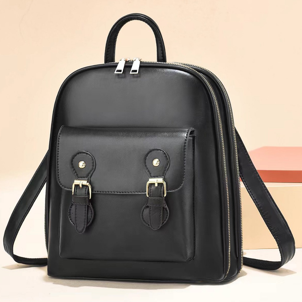 BBD Womens Buckle Zipper PU Leather Plain Backpack Beg Galas CS365