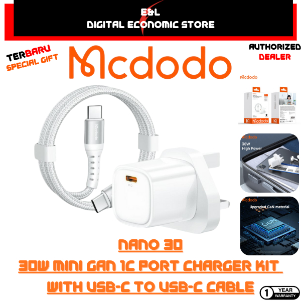MCDODO 田1Yr Warrantyy+3MCDODO 30W 1C Mini GaN Charger Technology (UK) + สาย C To C 1m หรือ C ถึง App