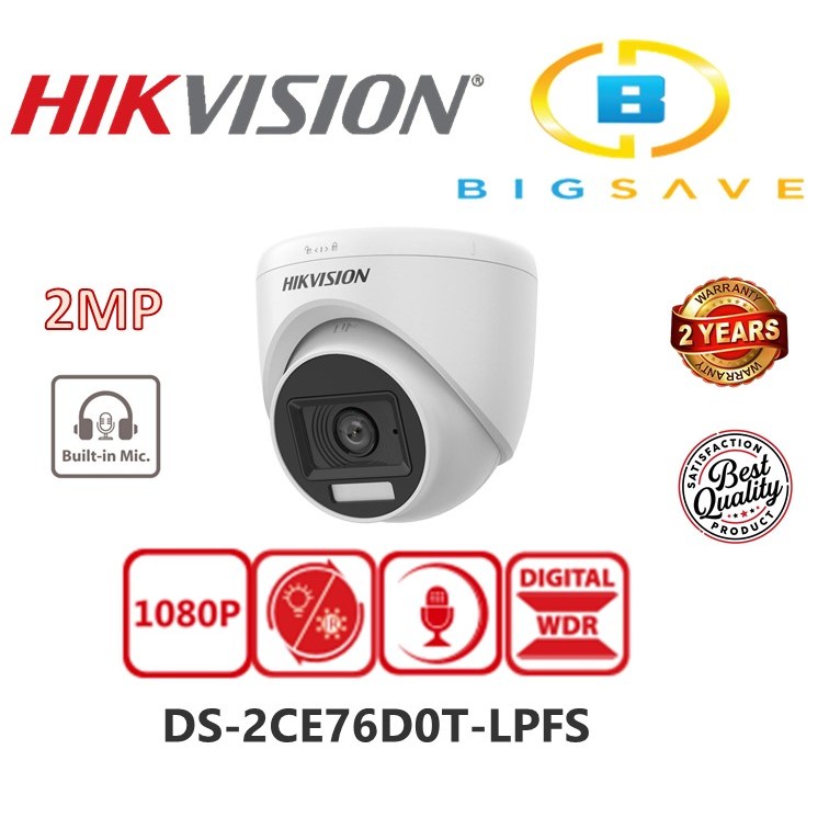 HIKVISION 2MP DS-2CE76D0T-LPFS DS-2CE76D0T-LPFS SMART HYBRID LIGHT AUDIO FIXED TURRET กล้อง