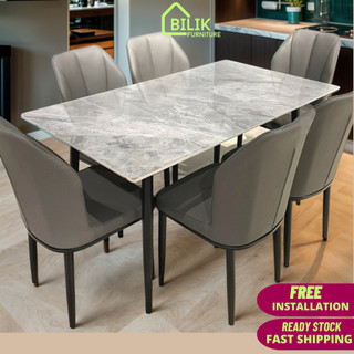 𝗙𝗥𝗘𝗘 𝗜𝗡𝗦𝗧𝗔𝗟𝗟- ROMA 1+6 Marble Dining Set ~1400 x 800mm Ceramic Dining Table White/Grey Chair Gray