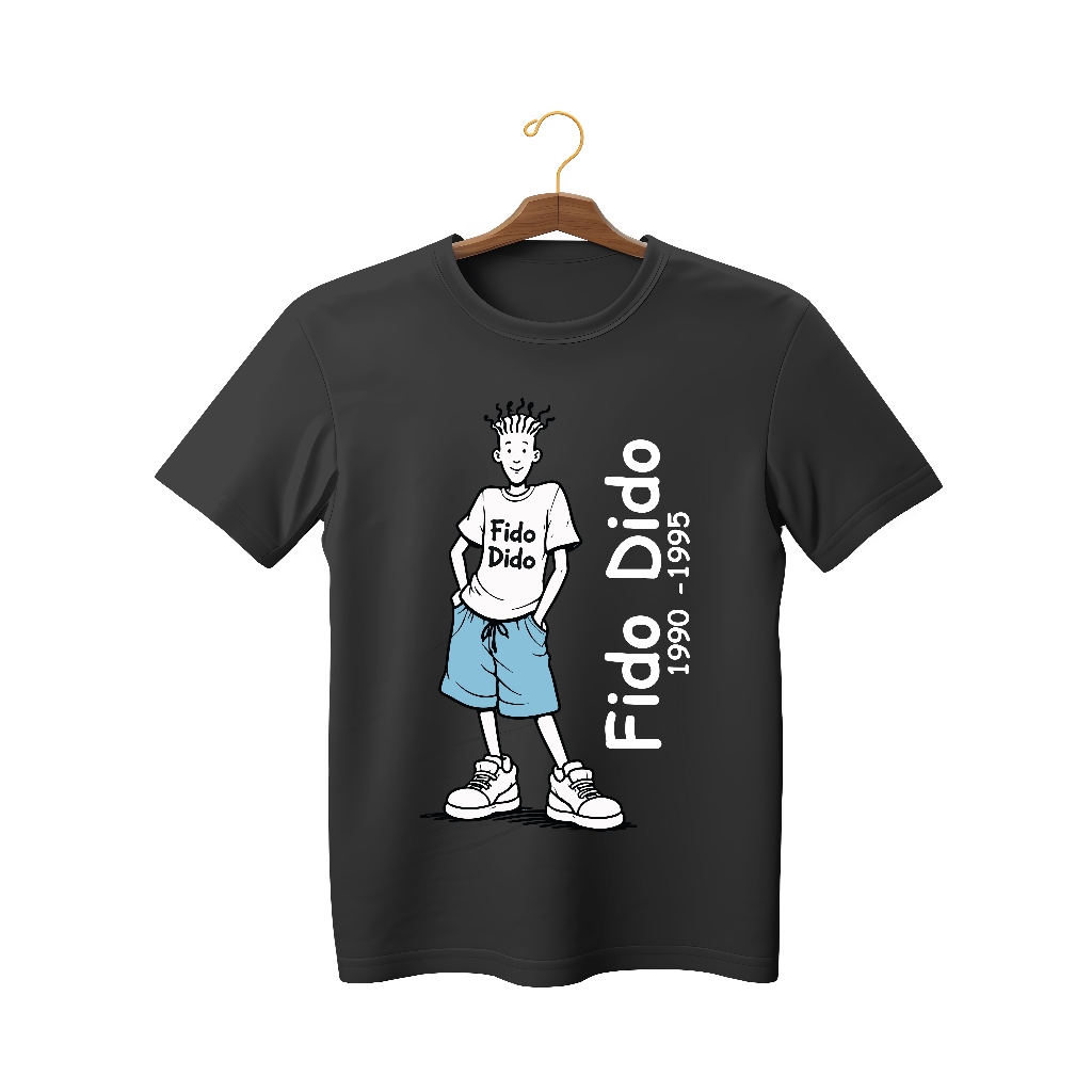 Fido Dido เสื้อยืดสีดําผ้าฝ้าย Fido Dido Roundnex เสื้อยืด Kenangan 1990an