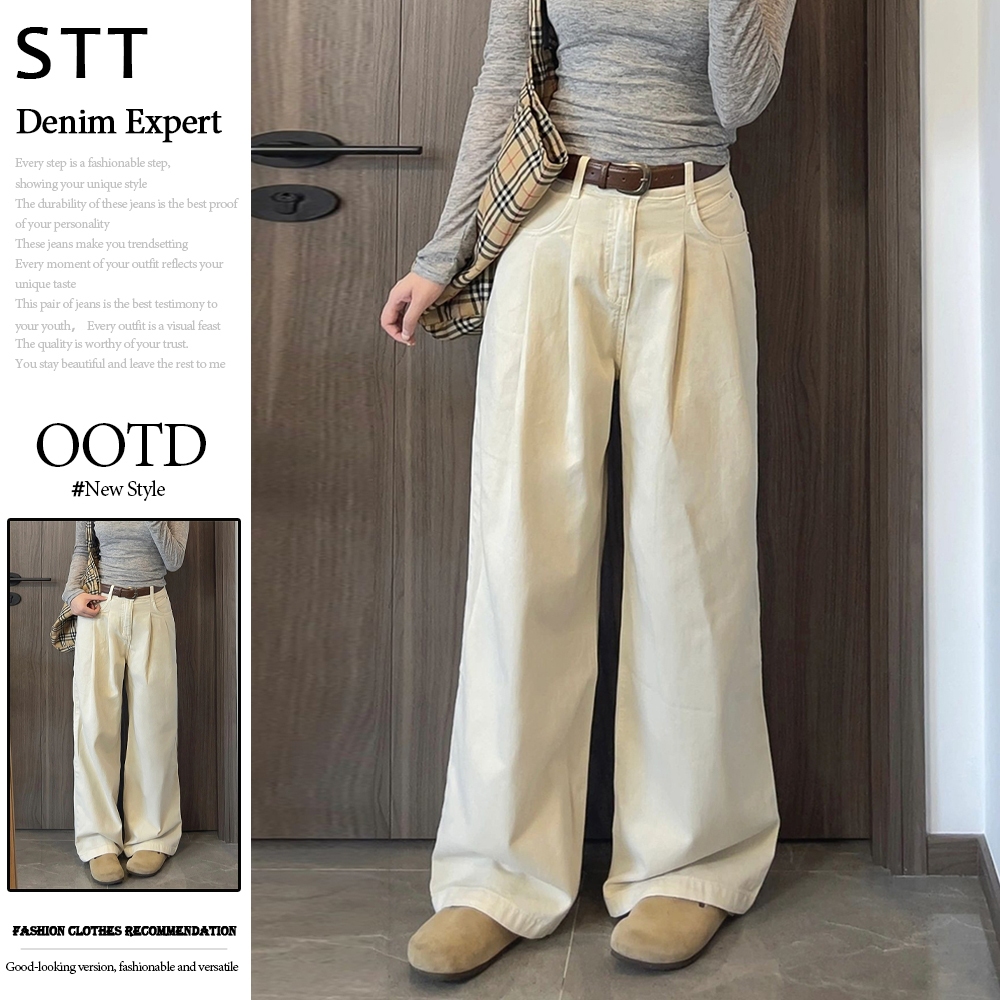 STT แอปริคอทสีหลวมกระชับกางเกงยีนส์ขากว้างกางเกงยีนส์เอวสูงของผู้หญิงใหม่กางเกงลําลองขาตรงกางเกงยีนส