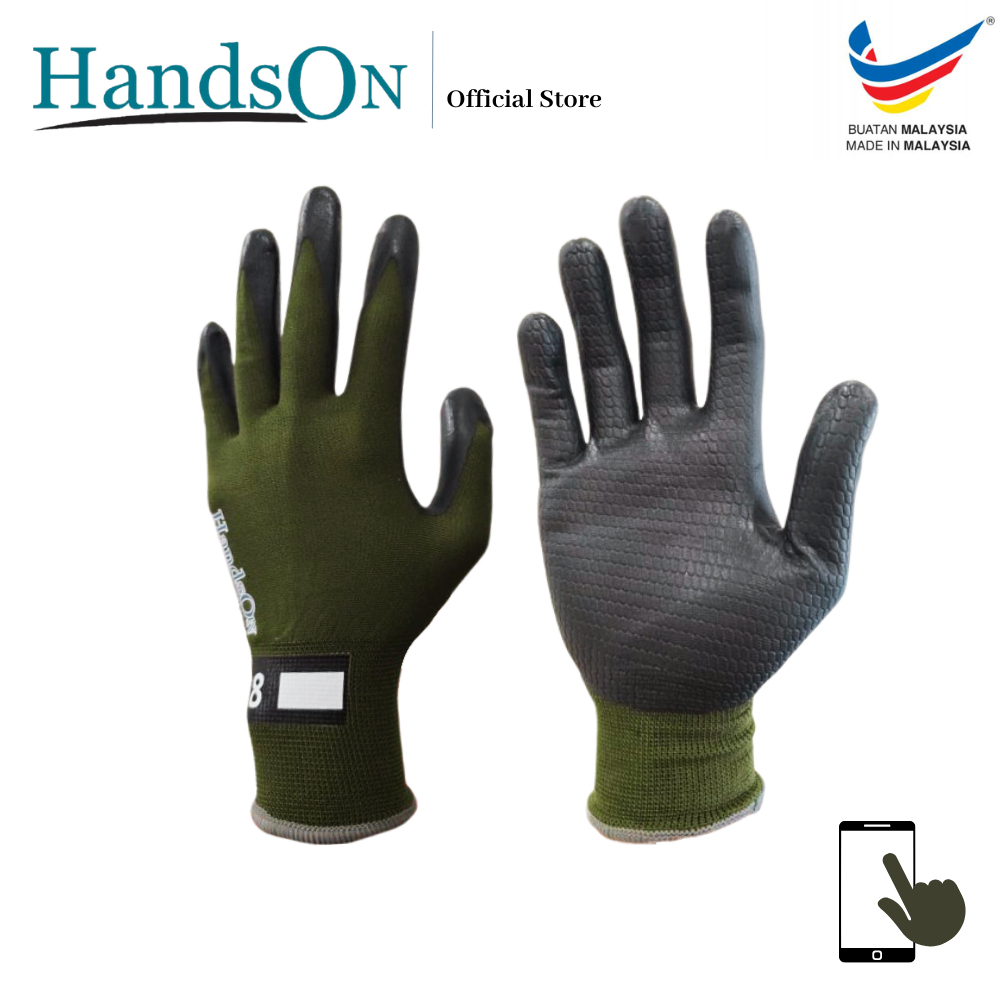 HandsON ถุงมือทํางานไนไตรล์ลายนูน Touchscreen Sarung Tangan Kerja Berbintik Mechanics EN388