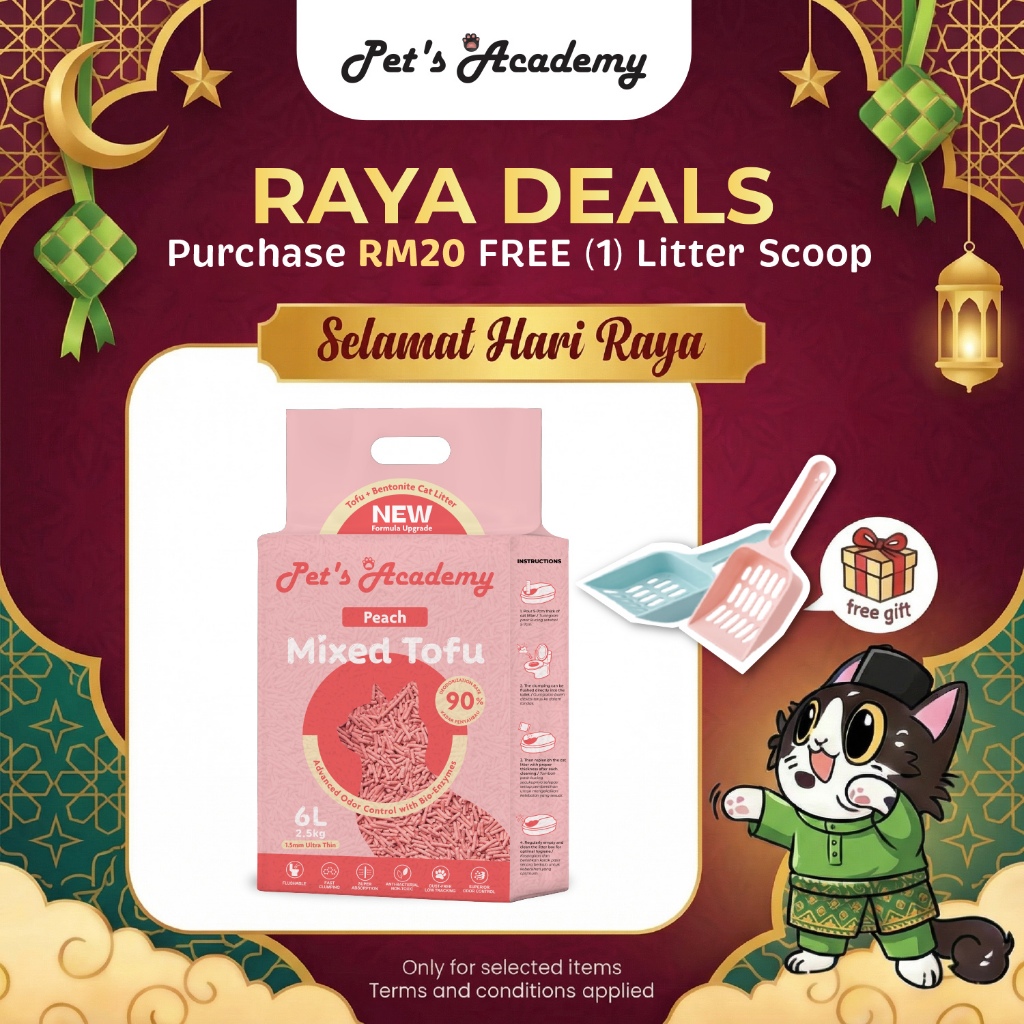 PETS ACADEMY เต้าหู้ผสมพีช & ทรายแมวเบนโทไนท์ 6L / 2.5 กก. / 1.5 มม. lump Passir Kucing Wangi Peach