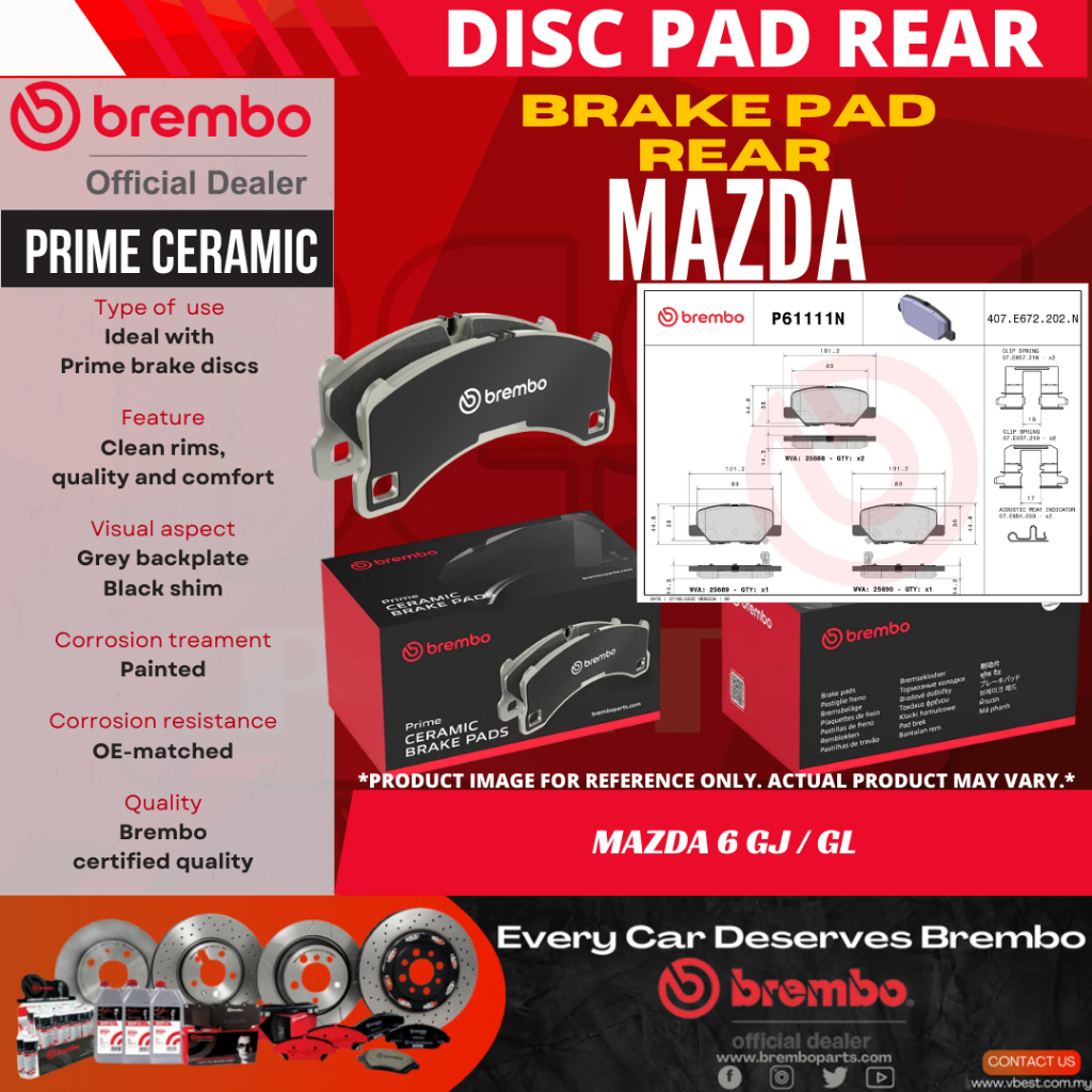 ผ้าเบรคหน้า BREMBO Mazda 6 GJ GL (2013 - 2017) Belakang