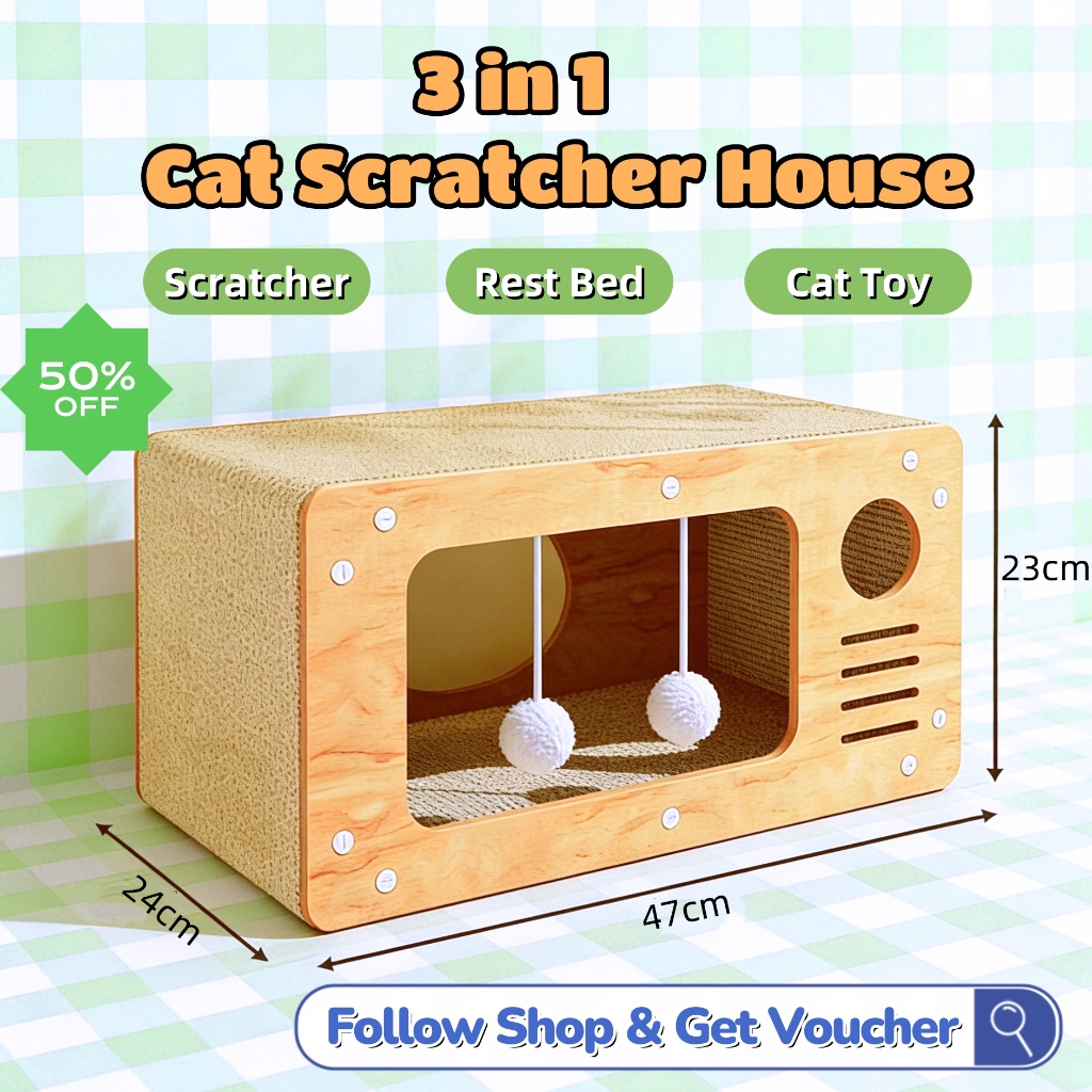 3-in-1 Cat Scratcher House Vintage TV Design น่ารัก Rest Bed with Teasing Balls กระดาษแข็งทนทาน Caka