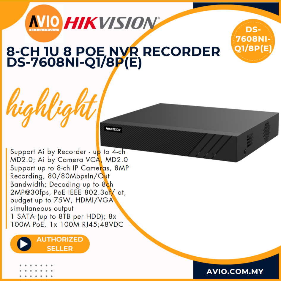 HIKVISION 8CH 8 Channel 4K 8MP IP Network กล้องวงจรปิด NVR Recorder 8 POE 75w 1hdd 80Mbps DS-7608NI-