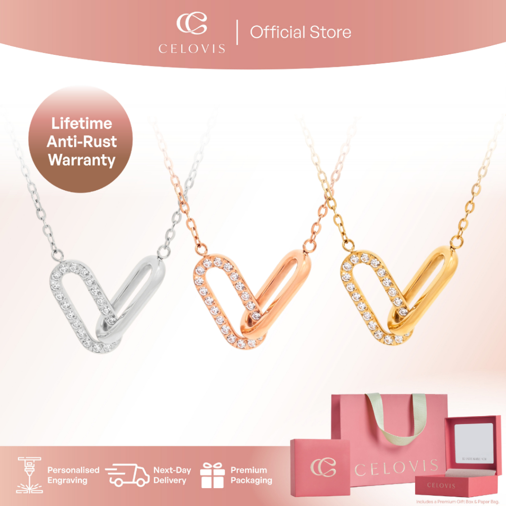 [ BESTSELLER | RM99 + RM5 VOUCHER ] CELOVIS Adessa Interlocking Cubic Zirconia สร้อยคอ (ทอง/โรสโกลด์