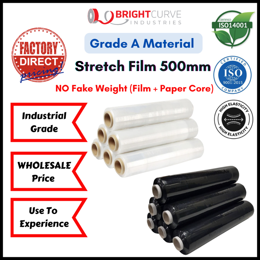 *GUARANTE FILM & CORE WEIGHT* ฟิล์มยืดเกรด A Virgin Plastic Non Recycle Clear Black 500MM 250MM (1 ม