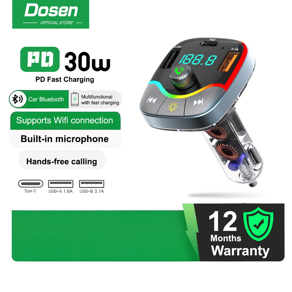 DOSEN Quick Charge 3.0 ที่ชาร์จแบตในรถพร้อมเครื่องส่งสัญญาณ FM Bluetooth 5.0 แฮนด์ฟรี FM Modulator