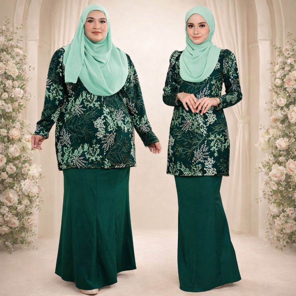 BAJU KURUNG WANITA TEAL GREEN Baju Kurung Lace Plus Size S(36)-10XL(60) Baju Raya 2026 Muslimah Fash