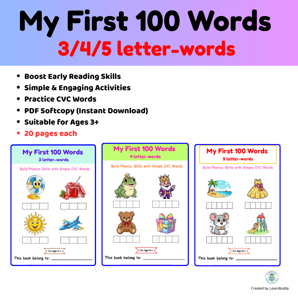 My First 100 Words 3/4/5 Letter Words Phonics CVC & Simple Grammar สําหรับเด็กก่อนวัยเรียนคําศัพท์