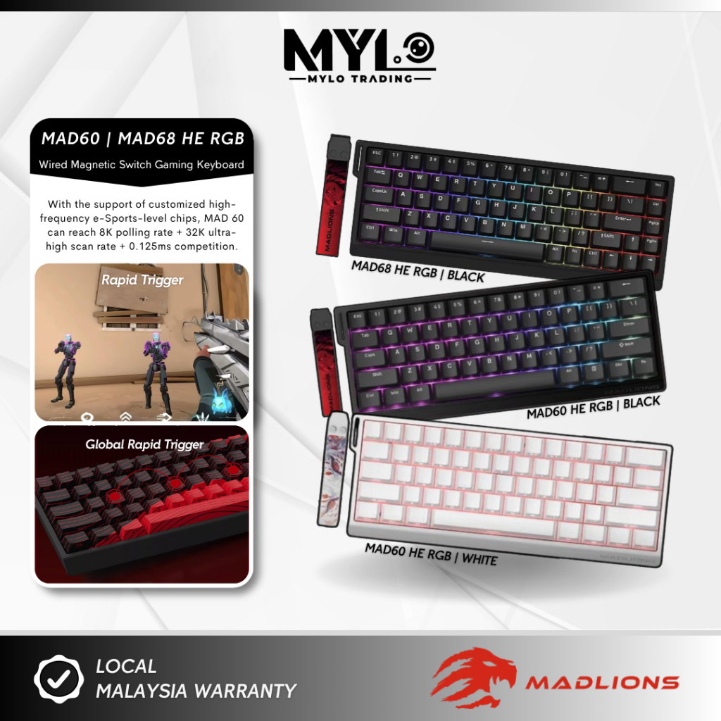 - Madlions MAD 60 MAD 68 HE 60% แบบมีสาย RGB 8K Rapid Trigger สวิตช์แม่เหล็กคีย์บอร์ดเกมกล