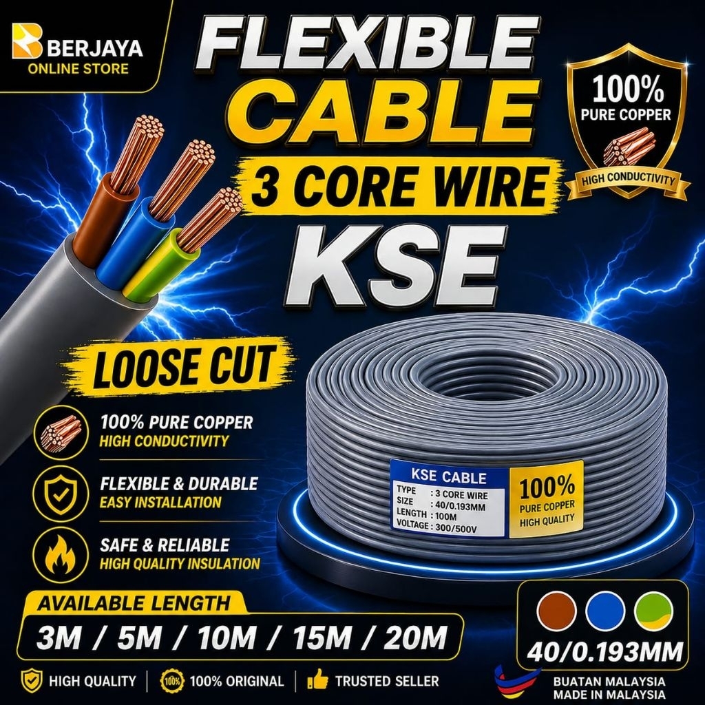 [ตัดหลวม] 3 CORE FLEXIBLE CABLE 40/0.193MM FLEXIBLE WIRE/3CORE x 40/0.193MM 1.0MM WAYAR 3M/5M/10M/15