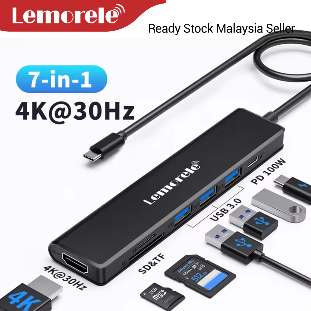 Lemorele TC90 USB-C Hub 7-in-1 4K HDMI PD 100W Ethernet USB 3.0 SD TF Docking Station สําหรับแล็ปท็อ
