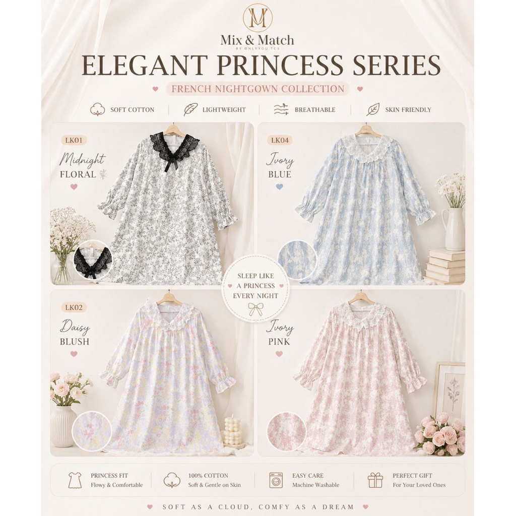 FRENCH NIGHTGOWN - DRESS PYJAMAS พร้อมผ้าฝ้ายเนื้อนุ่ม