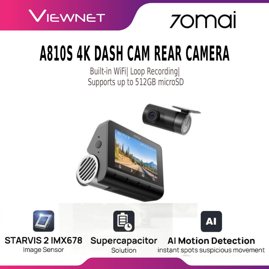 70mai A810S 4K Dash Cam กล้องหลังในตัว WiFi GPS 4G รองรับเครื่องบันทึกรถยนต์หน่วยความจํารองรับ 512GB