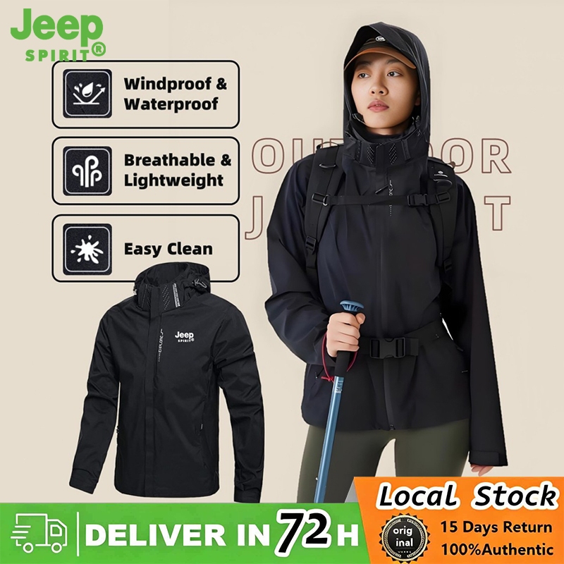 JEEP SPIRIT Windproof กันน้ําสําหรับผู้หญิงเสื้อแจ็คเก็ตเดินป่ากีฬากลางแจ้งมัลติฟังก์ชั่นสีดํา