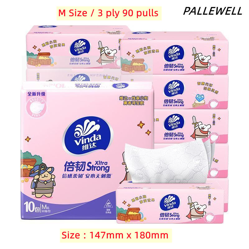 PALLLEWELL Vinda 3 Plys 90 Pulls (ขนาด M) กระดาษทิชชู่ลายนูน 4D ที่แข็งแกร่งเป็นพิเศษ 达线条小狗三90 (M码) 