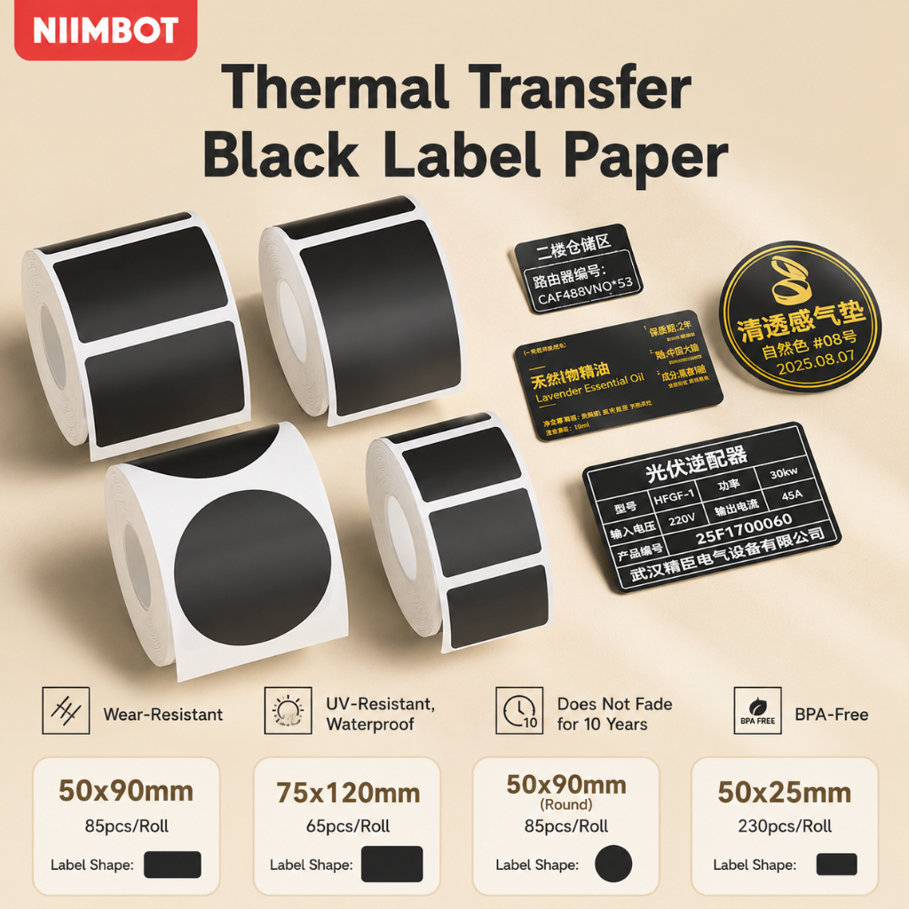 NIIMBOT กระดาษฉลากถ่ายโอนความร้อนสีดําสําหรับ Niimbot M2