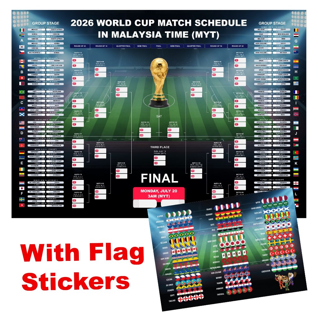 World Cup 2026 Official Match Schedule A1size โปสเตอร์พร้อมสติ๊กเกอร์ธง