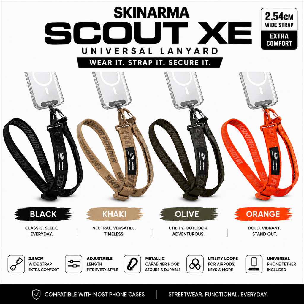 SKINARMA Scout XE Universal Nylon Phone Lanyard 2.54cm Comfort Wide - สีส้ม / ดํา / กากี / มะกอก