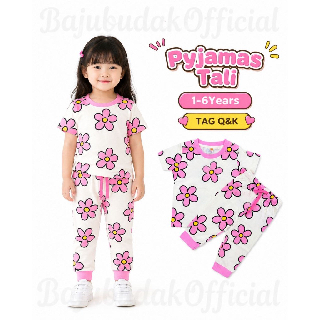 1Y-6Y ️Q&K ️PINKFLOWER ️COTTON PAJAMAS PYJAMAS GIRLSHORT SLEEVE ADJUSTABLE LONG PANT