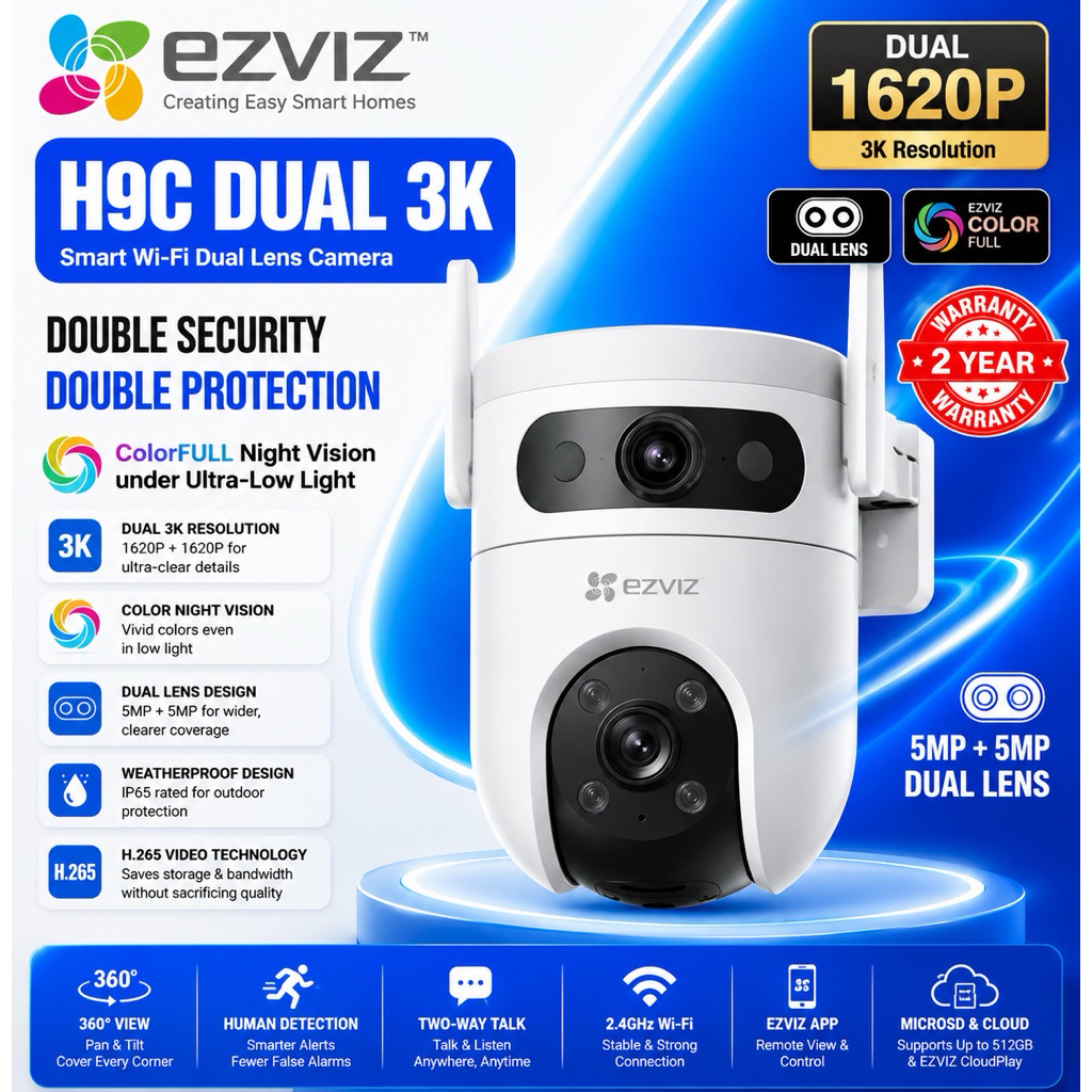Ezviz H9C Dual Lens (5MP + 5MP) 3K/ H80X DIAL 4K กันน้ํา Pan/Tilt Two Way Talk Color Night Vision กล