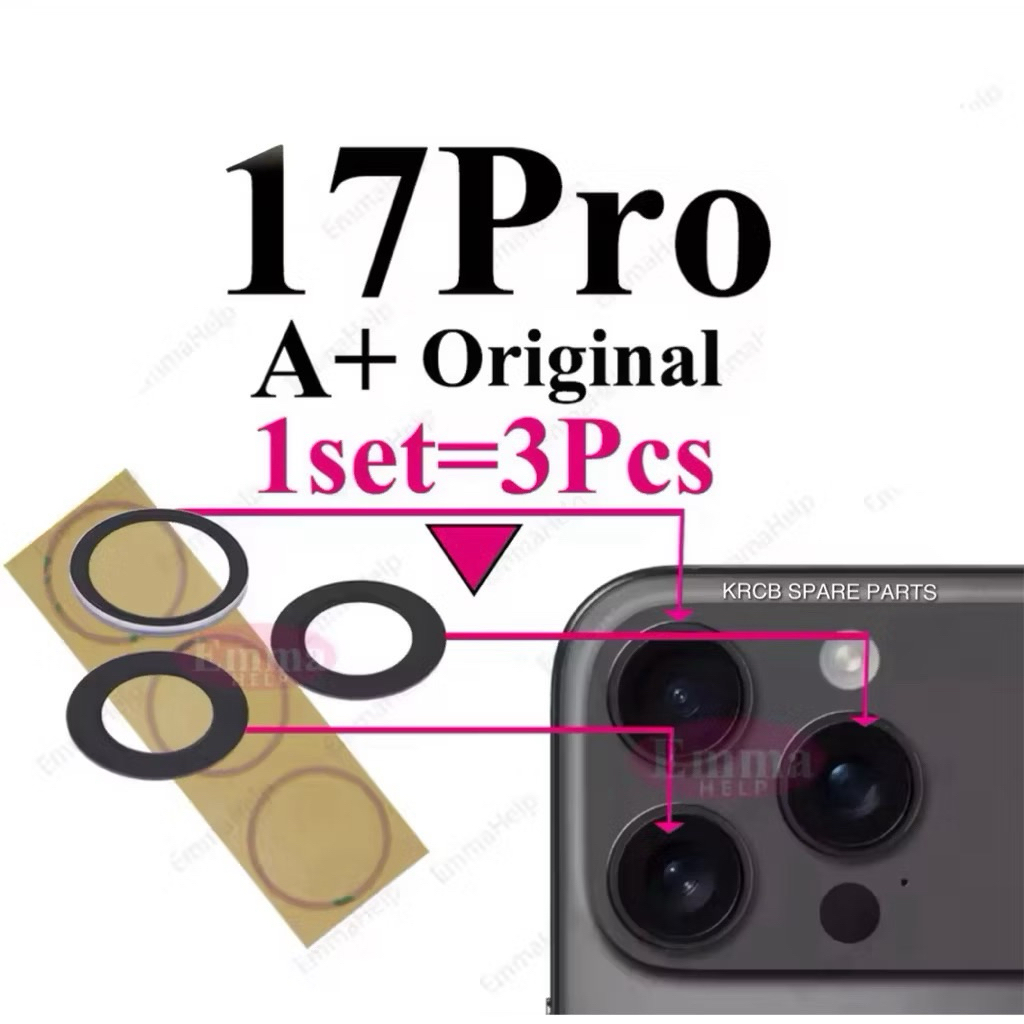 กระจกกล้องคุณภาพ KRCB สําหรับ 17 Pro Max 17 Pro วงแหวนกระจกเลนส์กล้องหลังพร้อมซ่อมกาว 3M