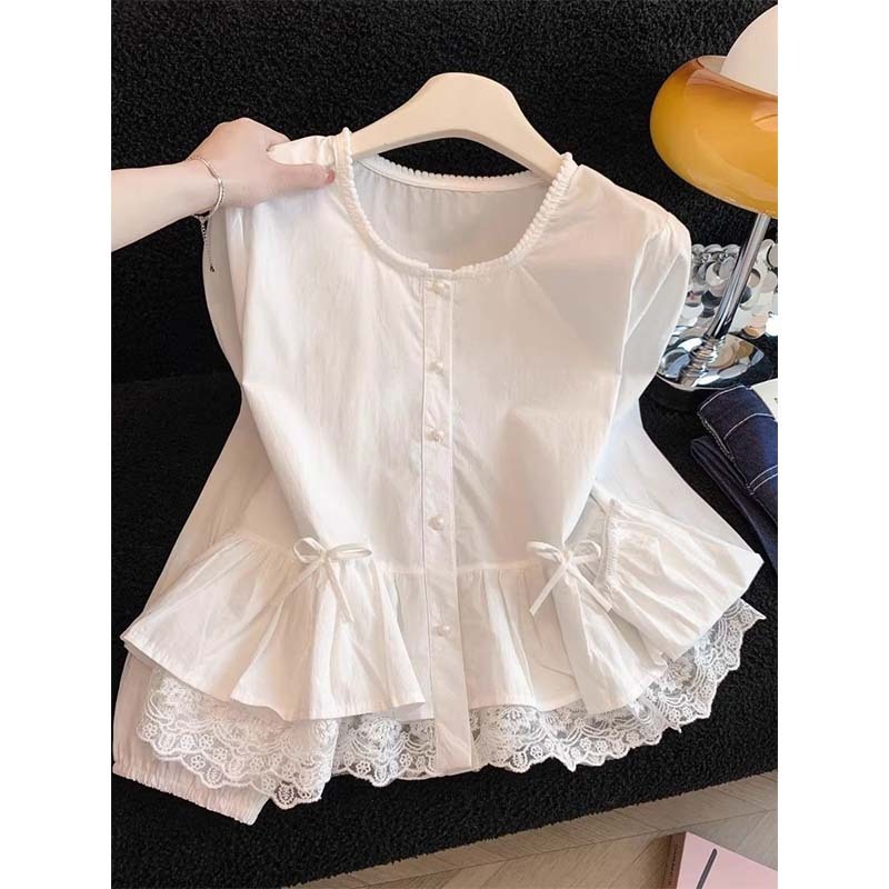 เคมีจา เสื้อเชิ้ตผู้หญิงตัวยาวลูกไม้คู่สีน้ําเงินเข้มปกมุกสวยและปุ่มมุกด้านหน้าแขนยาว
