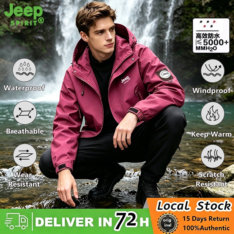 JEEP SPIRIT เสื้อแจ็คเก็ตกันน้ําสําหรับผู้ชายเสื้อแจ็คเก็ตเดินป่ามีฮู้ดกันลมในสีแดงกุหลาบ